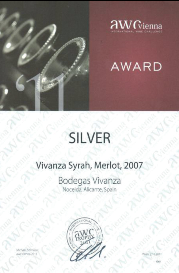 International competition diploma and silver medal of AWC Wienna for «Vivanza Syrah, Merlot»