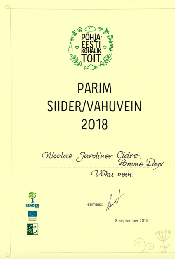 Диплом выставки-ярмарки местных Эстонских продуктов за лучший сидр 2018 – Nicolas Jardinier Cidre Pomme Doux производства  Võhu Vein.